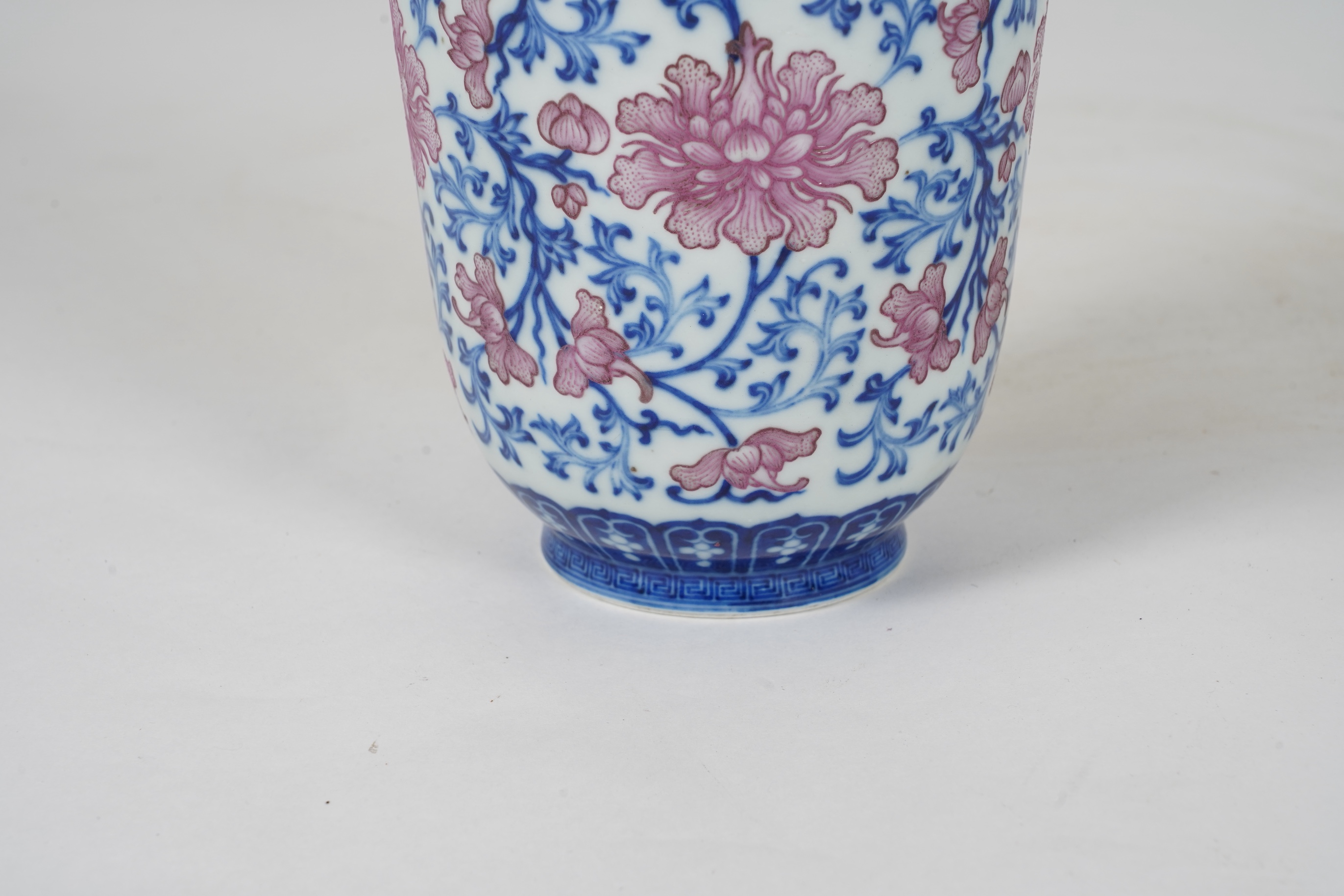 A Chinese pink enamelled and underglaze blue vase, six character Qianlong seal mark to base, possibly Republic period